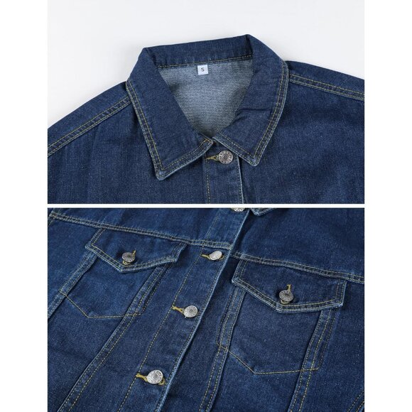 Women's Oversized Mid Long Denim Jacket Jean Biker Coat Long Sleeves Dark Blue - Picture 6 of 9